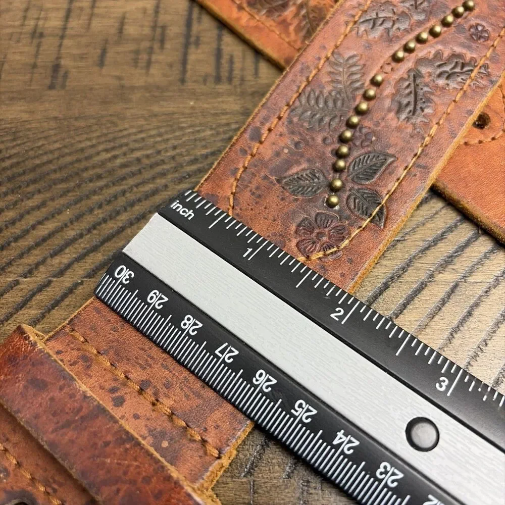 Express Brown Genuine Leather Floral Embossed Wide Studded Belt Women Size L